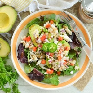 overhead of crab avocado salad