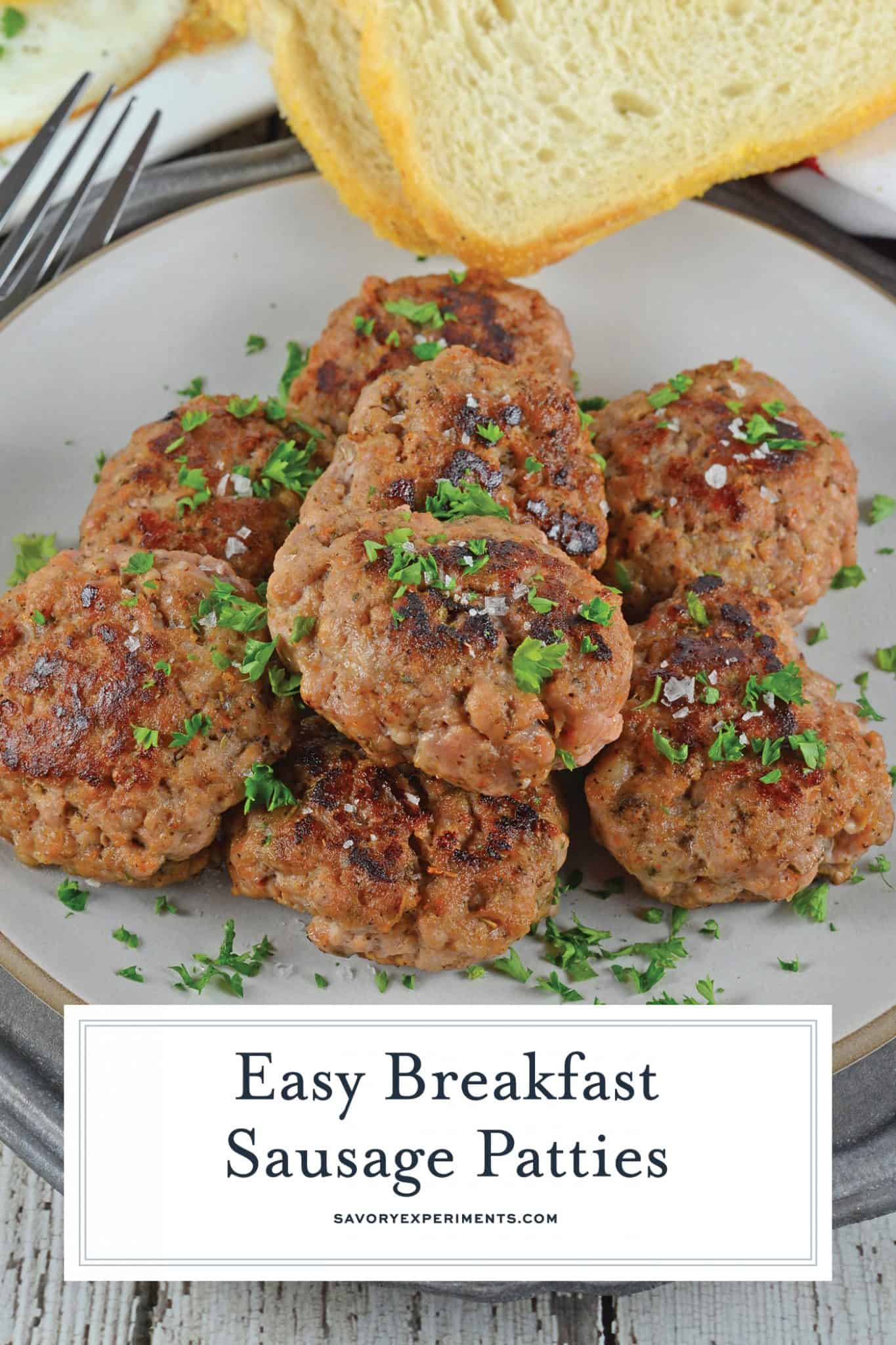 angled shot of plate of breakfast sausage with text overlay 