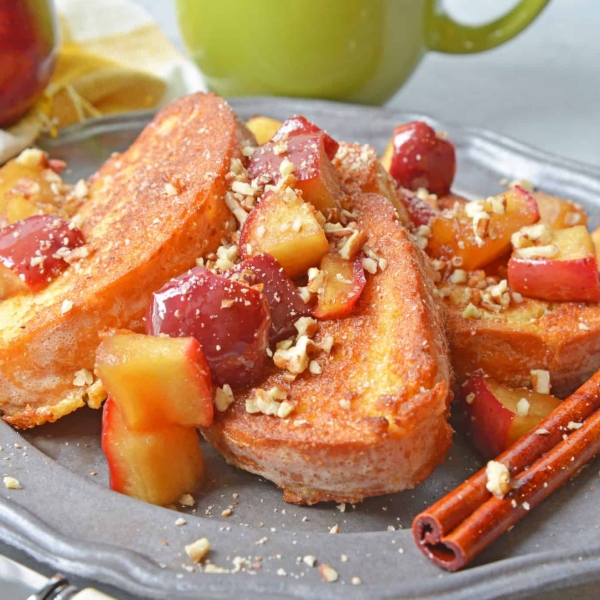 apple cinnamon french toast on a metal plate