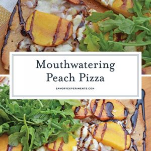 Peach Pizza is a delicious pizza variation that uses fresh peaches, melty mozzarella and gorgonzola cheeses and a sweet balsamic reduction sauce. The best homemade pizza recipe! #homemadepizzarecipe www.savoryexperiments.com