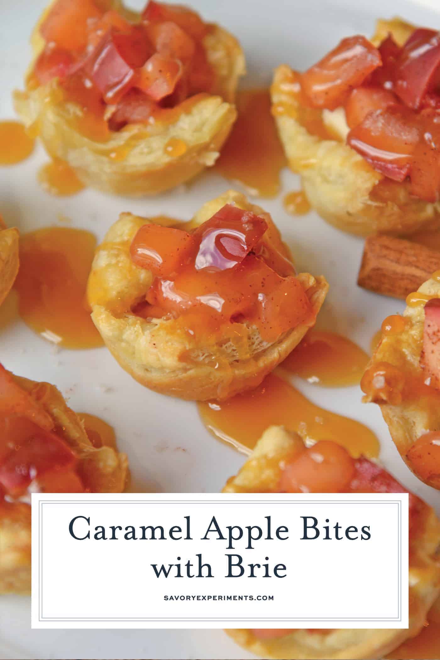 angled shot of caramel apple bites with text overlay