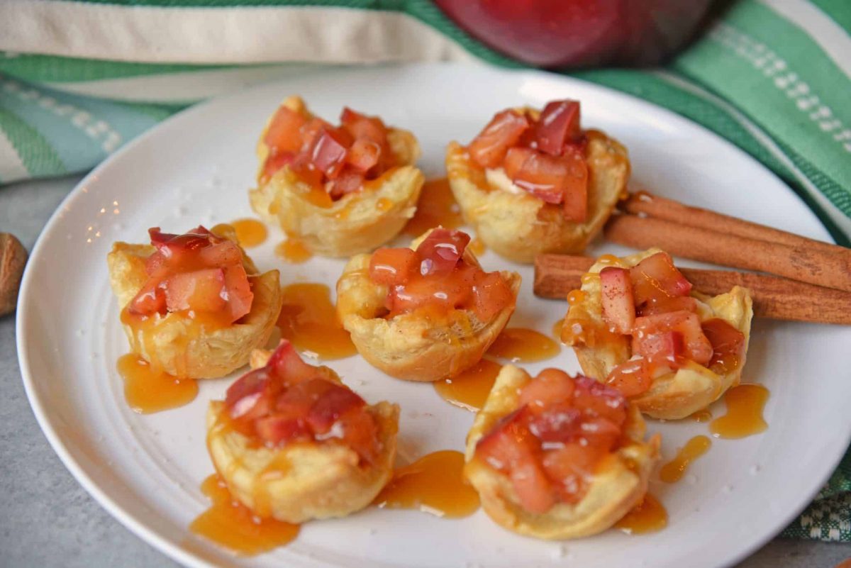 serving platter with mini caramel apple bites using brie and caramel sauce 