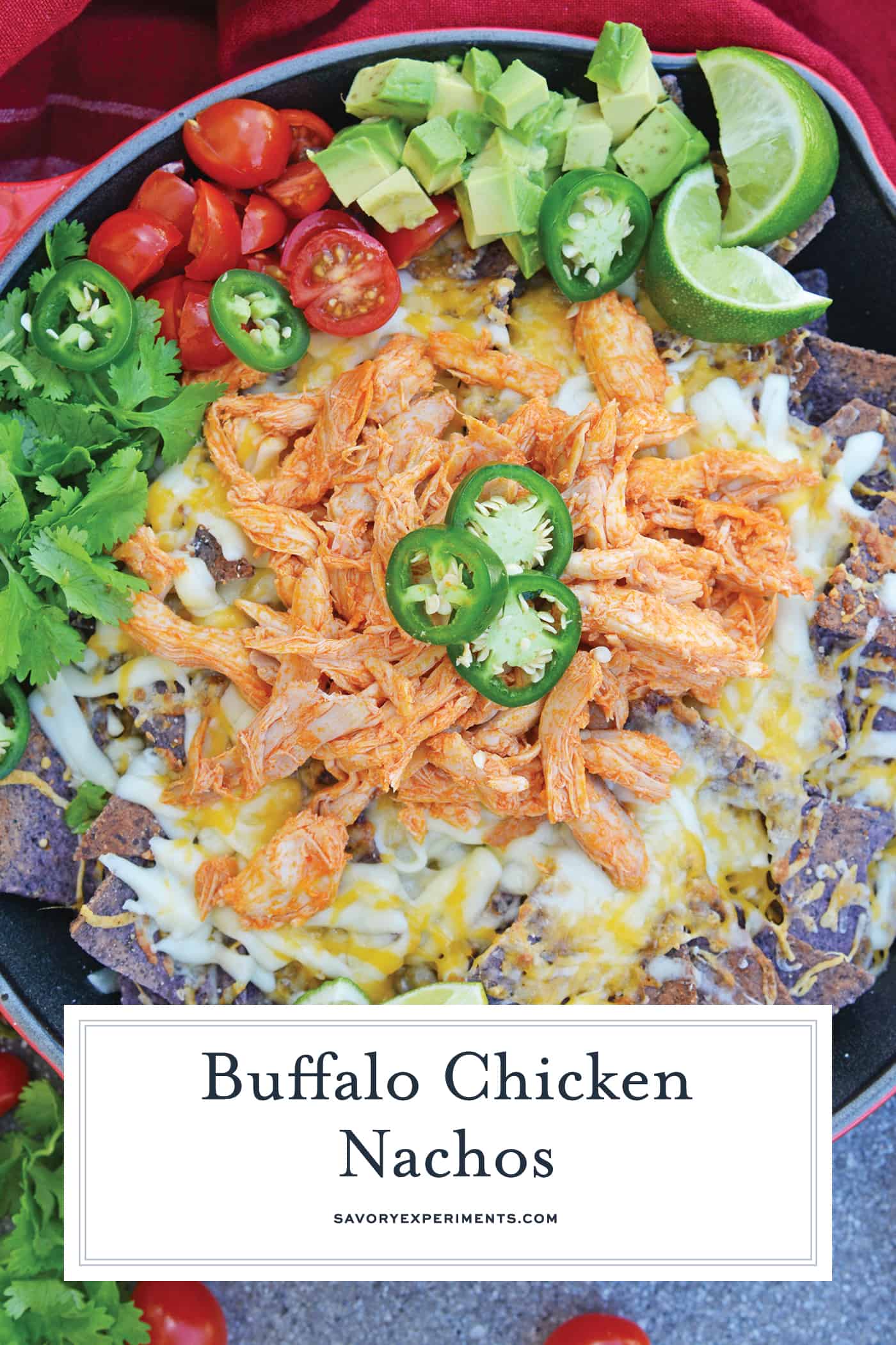 overhead shot of buffalo chicken nachos with text overlay