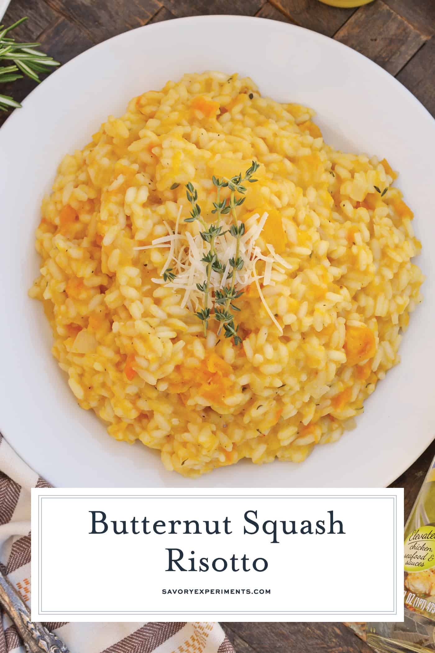 Butternut Squash Risotto is an easy side dish or entrée made with Arborio rice, crisp white cooking wine, sweet roasted butternut squash and fresh thyme. #risottorecipes #butternutsquash www.savoryexperiments.com