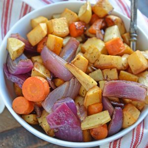 Balsamic Roasted Root Vegetables are veggies caramelized with balsamic vinegar and herbs for a crispy exterior, but smooth interior. #howtoroastvegetables #balsamicroastedrootvegetables #roastvegetables www.savoryexperiments.com