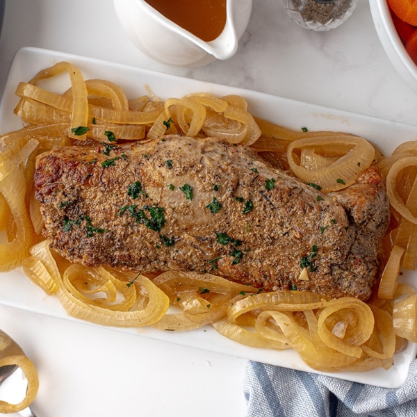 overhead pork loin plated on a serving platter