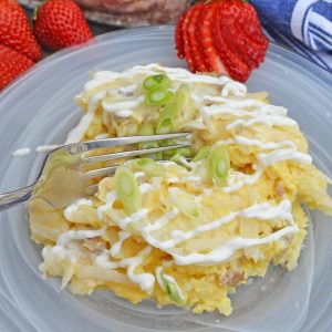 fork digging into breakfast casserole