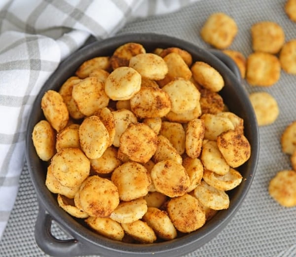 angled shot of bowl of Cajun Oyster Crackers