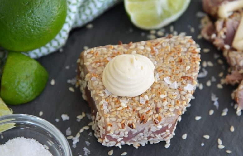 sesame crusted tuna with wasabi aioli