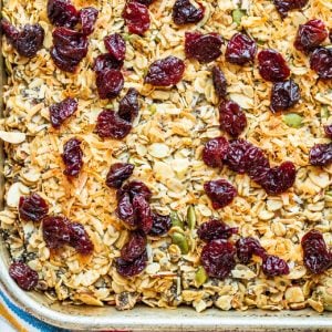 A baking dish with homemade granola