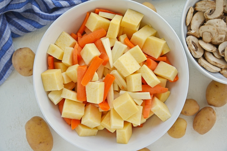 chopped root vegetables in a bowl 