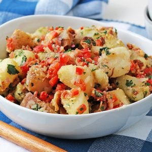 bacon mustard potato salad in a bowl