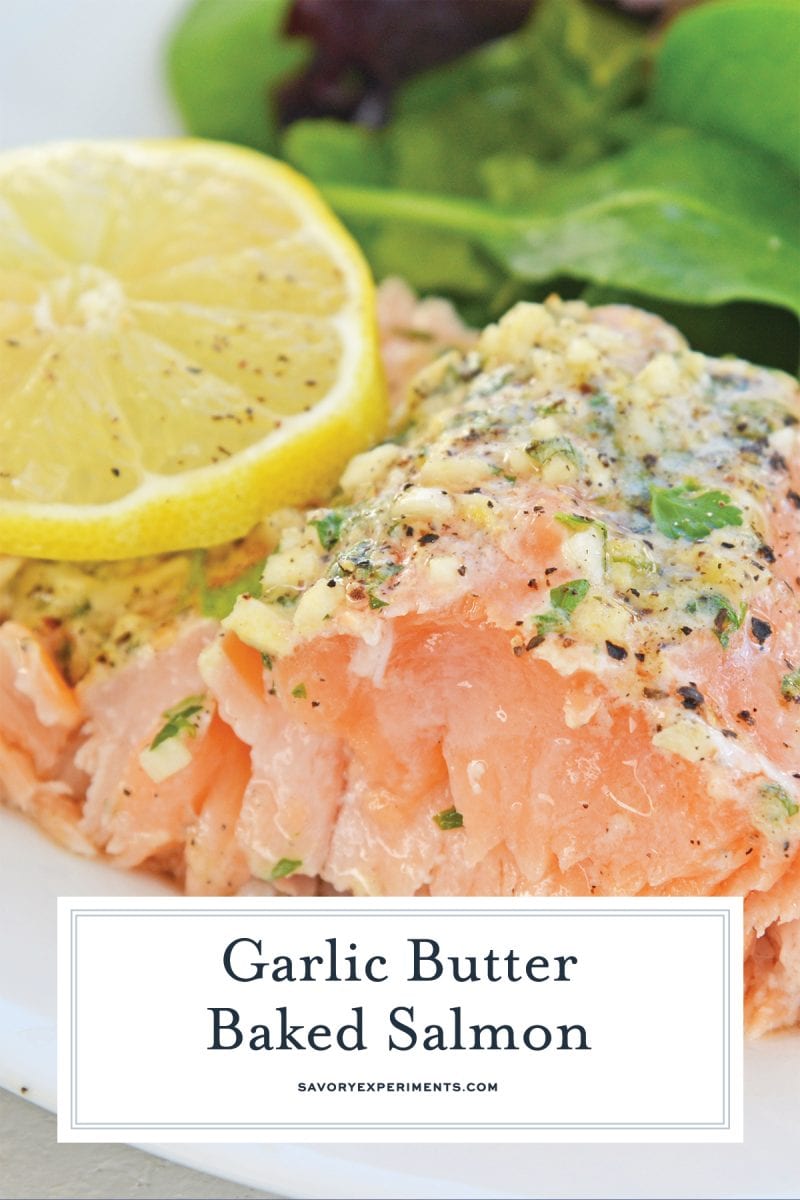 close up of garlic butter baked salmon for pinterest 