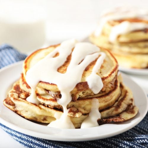 EASY Cinnamon Roll Pancakes with a Sweet Cream Cheese Glaze!