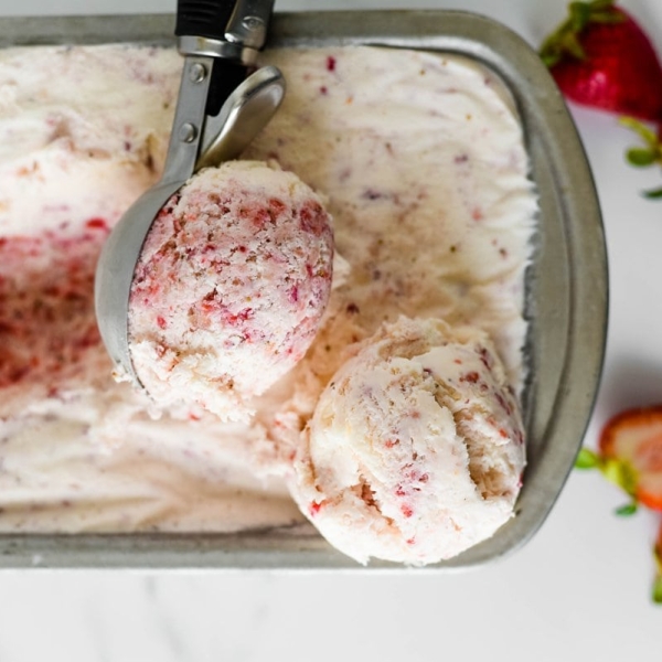 close up of scooped homemade strawberry ice cream