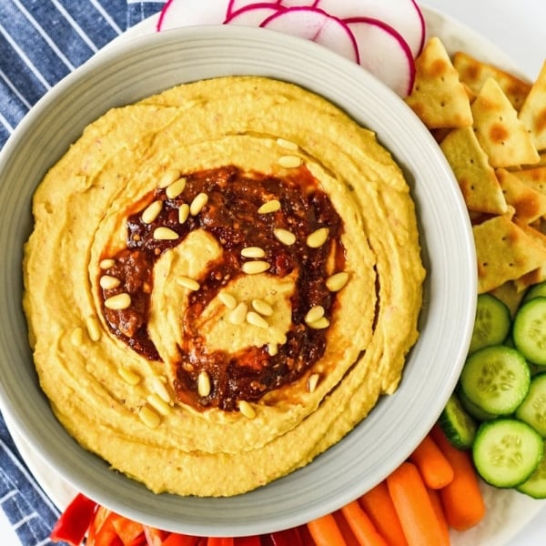 spicy hummus overhead with veggies