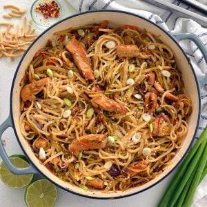 overhead of chicken rice noodle stir fry recipe