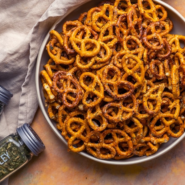 overhead of dill pickle pretzels