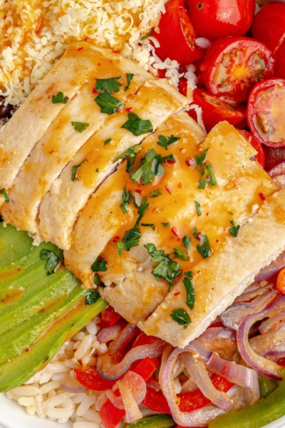 overhead shot of chipotle chicken bowl
