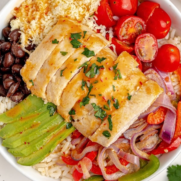 overhead shot of chipotle chicken bowl