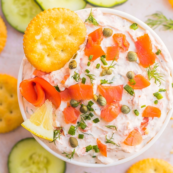 overhead shot of bowl of smoked salmon dip