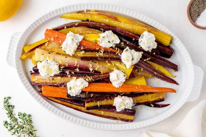 BEST Oven Roasted Rainbow Carrots {With Lemon Ricotta Topping}