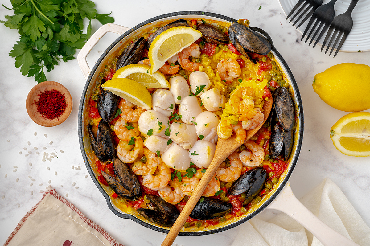 Easy Spanish Seafood Paella Recipe {No Paella Pan Needed!}
