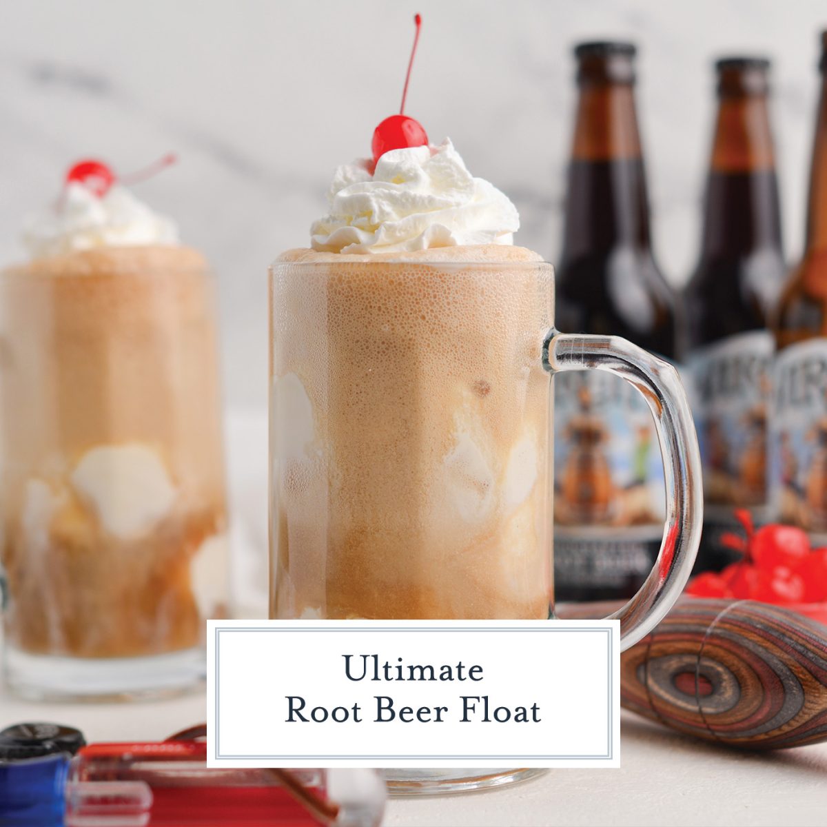 close up of a root beer float recipe with whipped cream and cherries 
