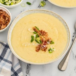 overhead shot of leek and potato soup