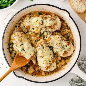 overhead shot of french onion chicken bake in a pan