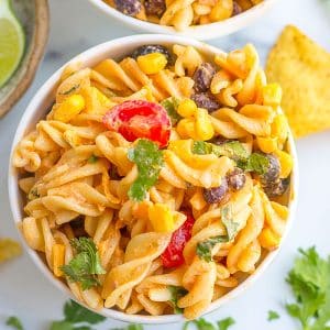 overhead shot of bowl of taco pasta salad