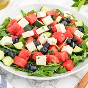 angled shot of watermelon feta salad in a bowl