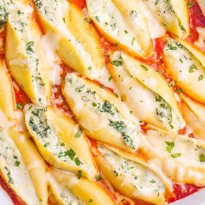 overhead stuffed shells in a casserole dish