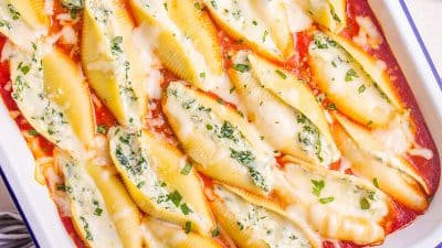 overhead stuffed shells in a casserole dish