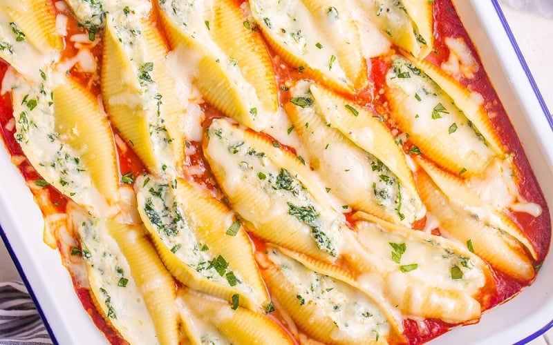 overhead stuffed shells in a casserole dish