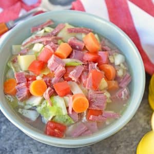 corned beef and cabbage soup in a serving bowl