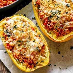 close up of cheesy spaghetti squash lasagna