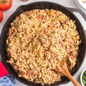 overhead shot of cheesy hamburger macaroni skillet