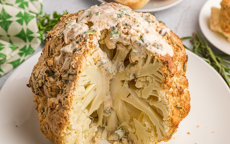 angled shot of sliced whole cauliflower