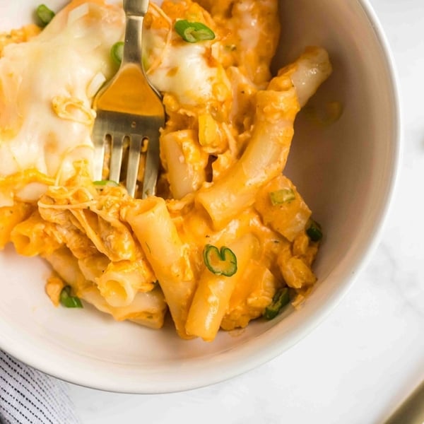 overhead shot of bowl of buffalo chicken casserole