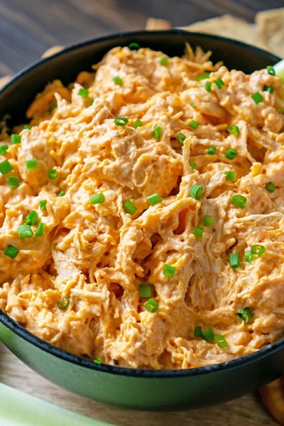 black bowl of buffalo chicken dip