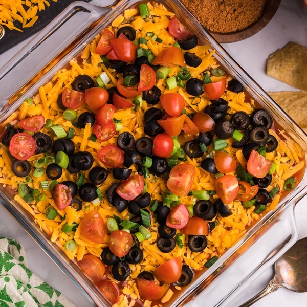 overhead shot of seven layer dip