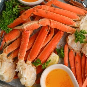 close up overhead shot of snow crab legs on a tray