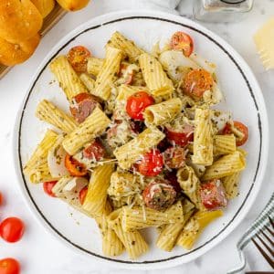 overhead shot of plate of sausage pasta bake