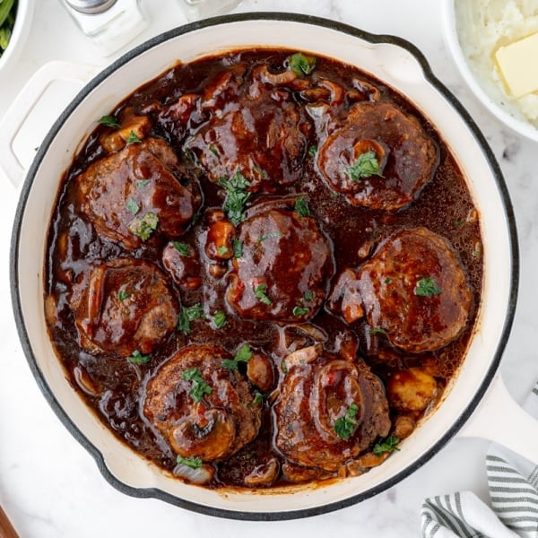 overhead shot of salisbury steaks in a skillet