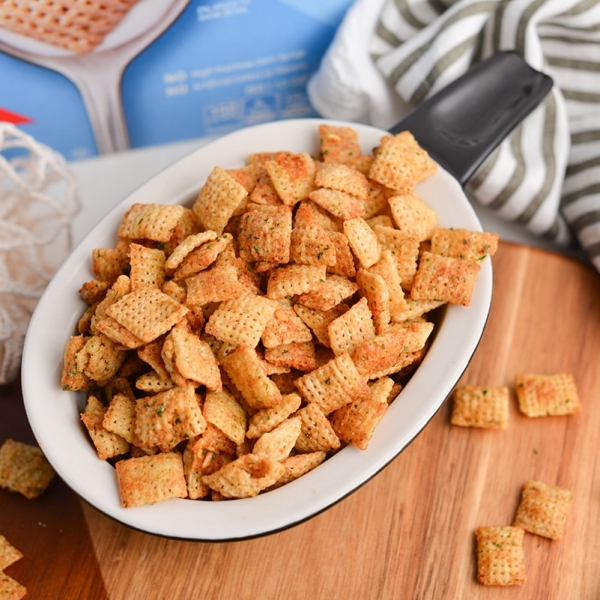 overhead shot of bowl of ranch chex mix