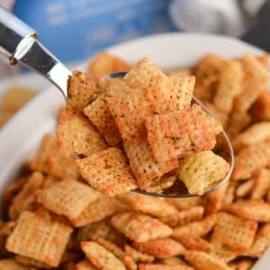 close up of spoon full of ranch chex mix