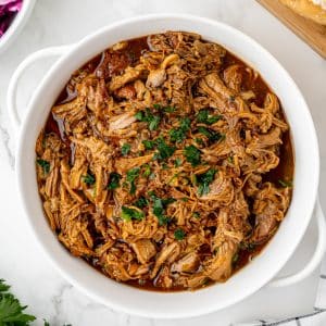 overhead shot of pulled pork in a bowl