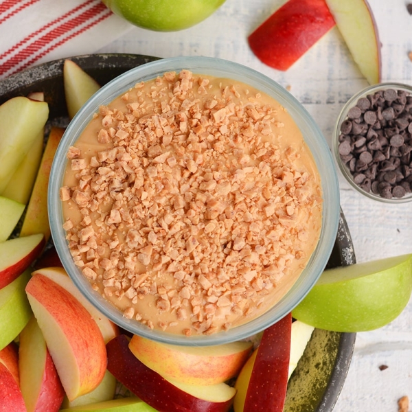 overhead close up of caramel apple dip being served