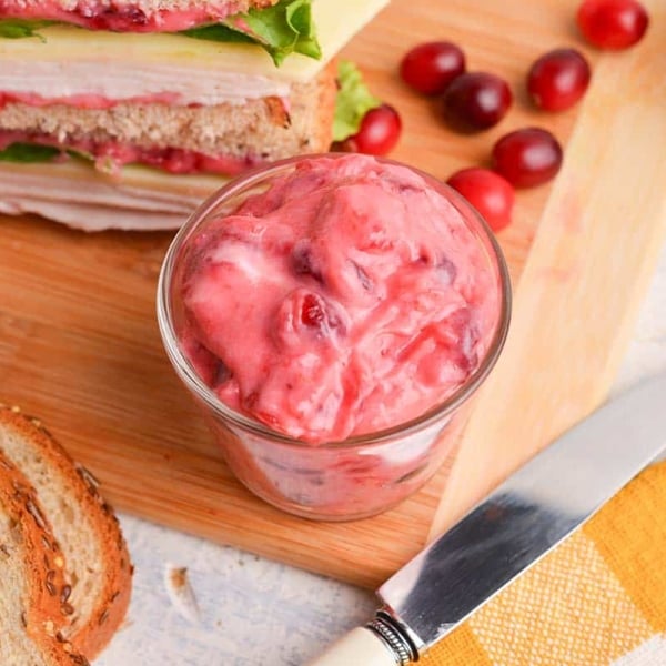 cranberry mayo in a small glass bowl for serving